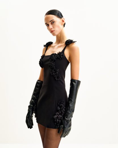 Elaina Black Rosette Applique Mini Dress - Black | JW PEI