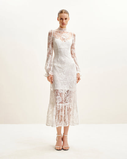 Elegant Lace Midi Dress - White | JW PEI