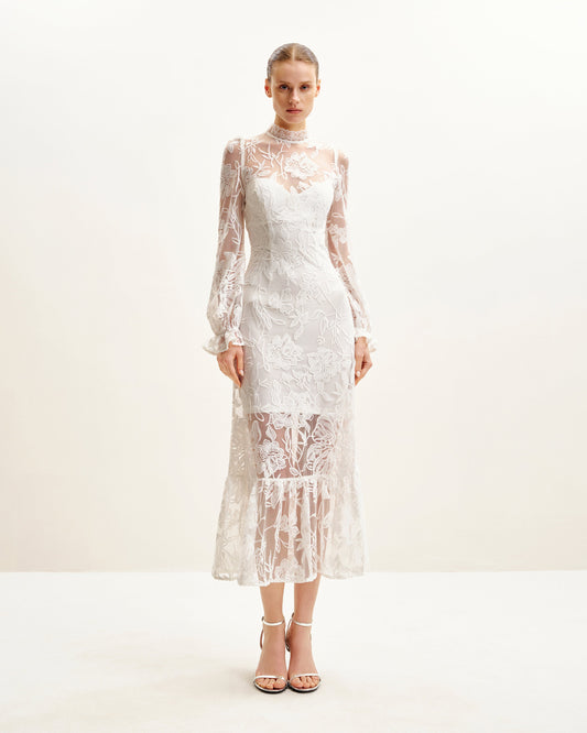 Elegant Lace Midi Dress - White | JW PEI