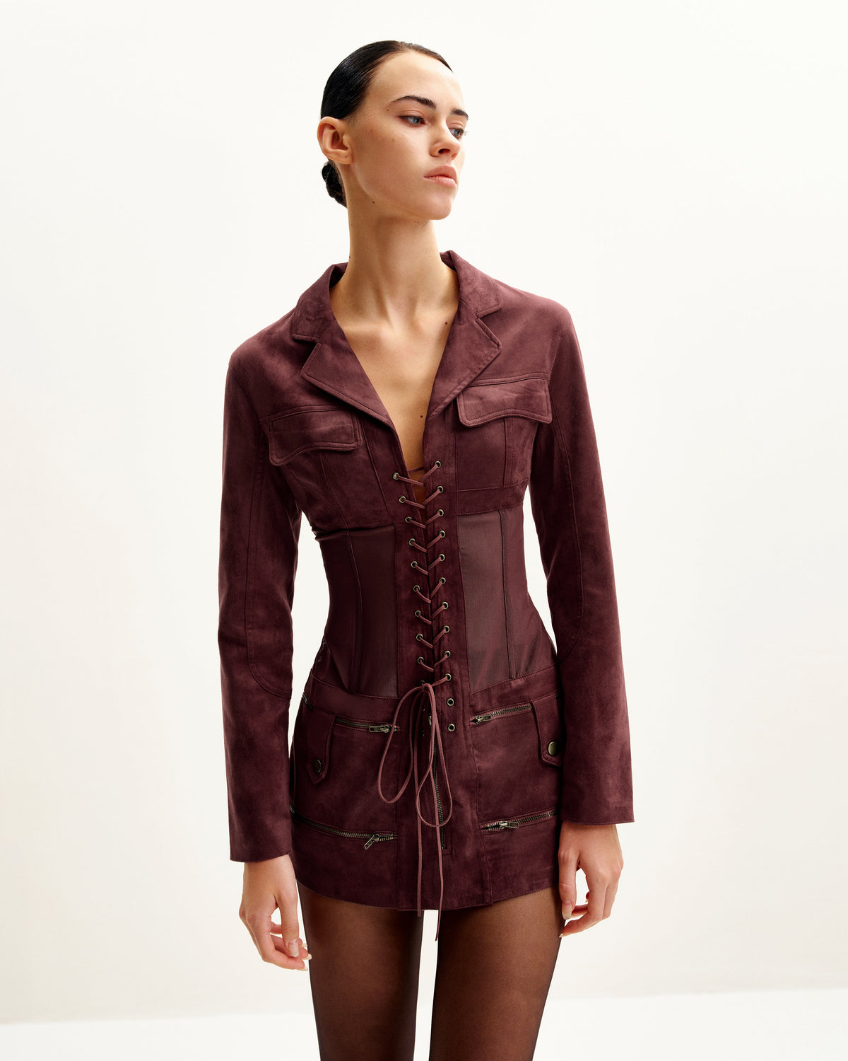 Faux Suede Corset Jacket Mini Dress - Claret | JW PEI