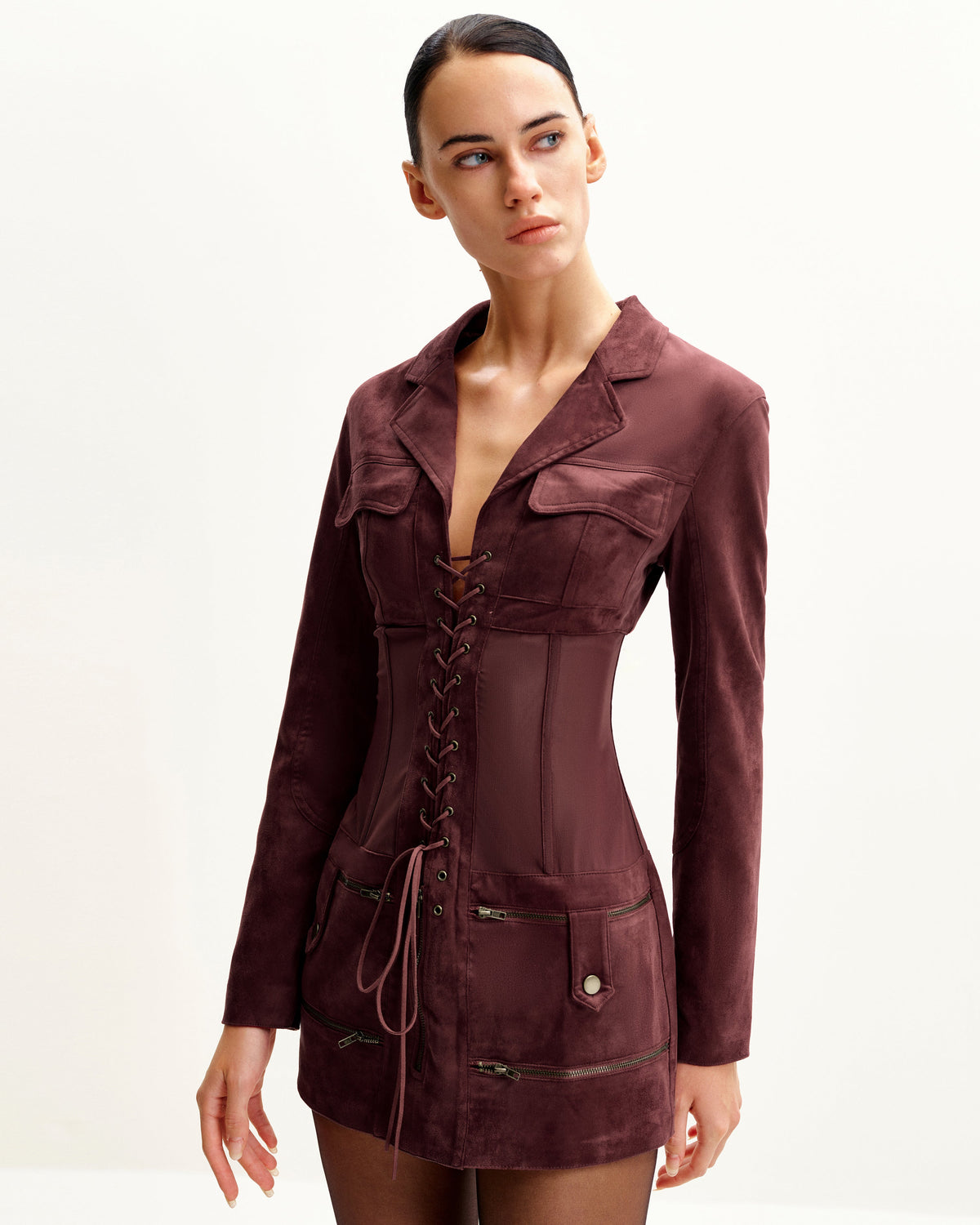 Faux Suede Corset Jacket Mini Dress - Claret | JW PEI