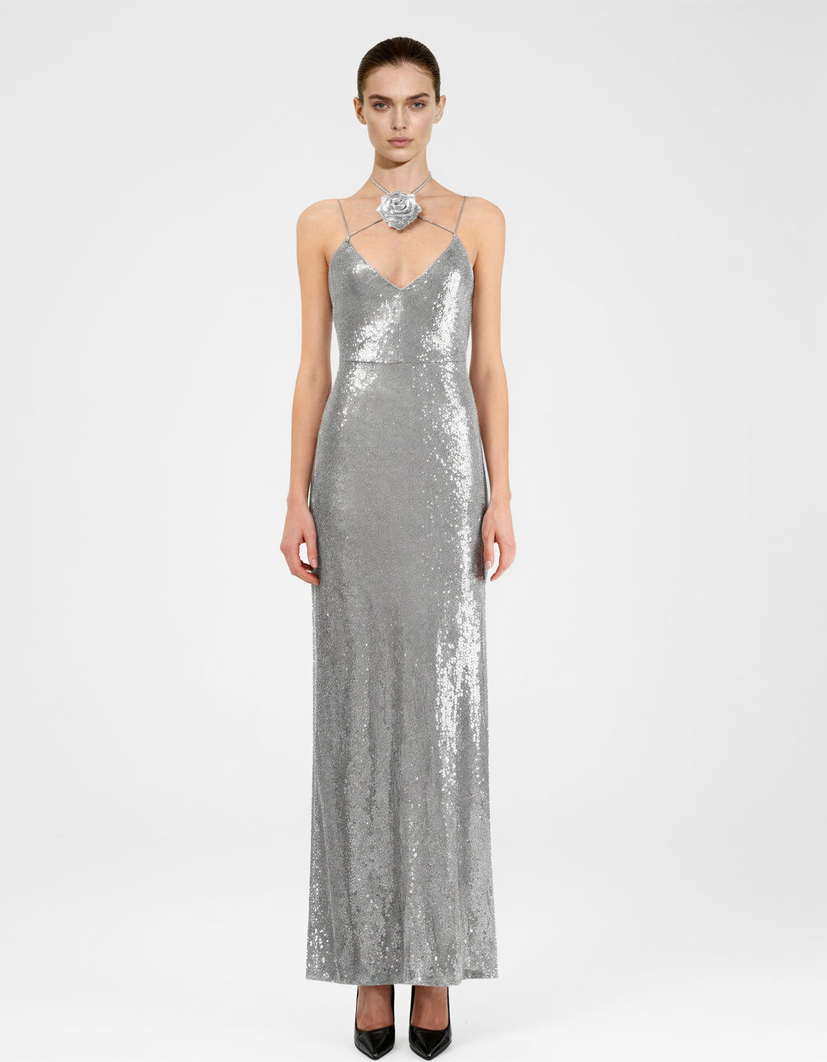 Heisey Silver Sequinned Rosette Maxi Dress - Silver | JW PEI