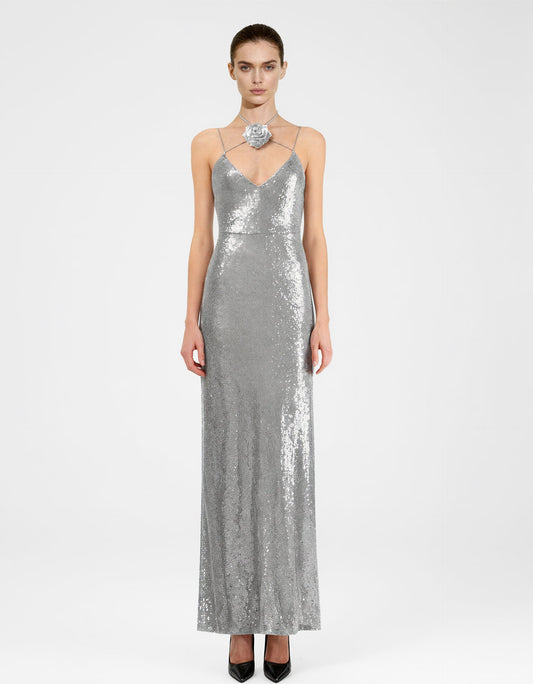 Heisey Silver Sequinned Rosette Maxi Dress - Silver | JW PEI
