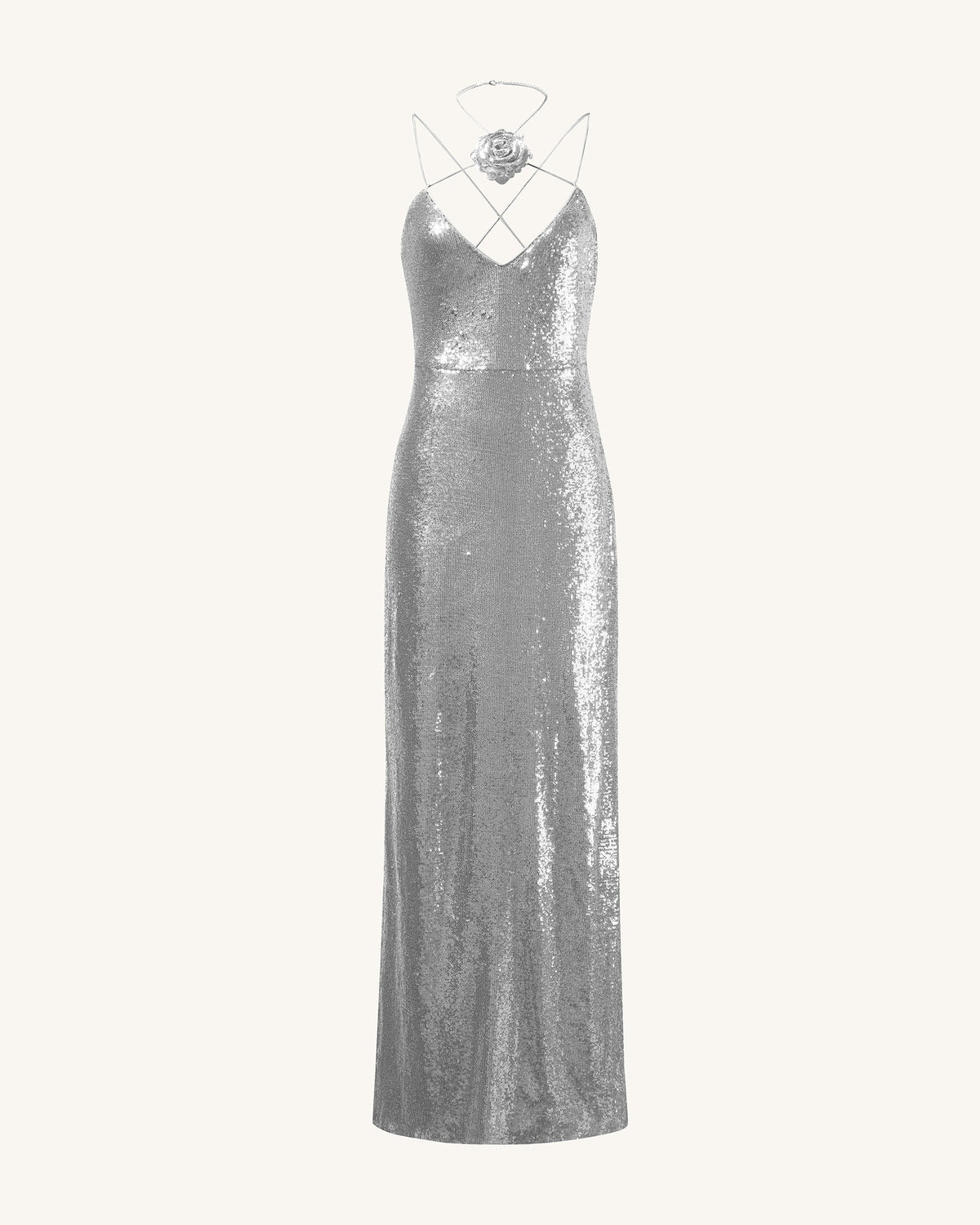 Heisey Silver Sequinned Rosette Maxi Dress - Silver | JW PEI