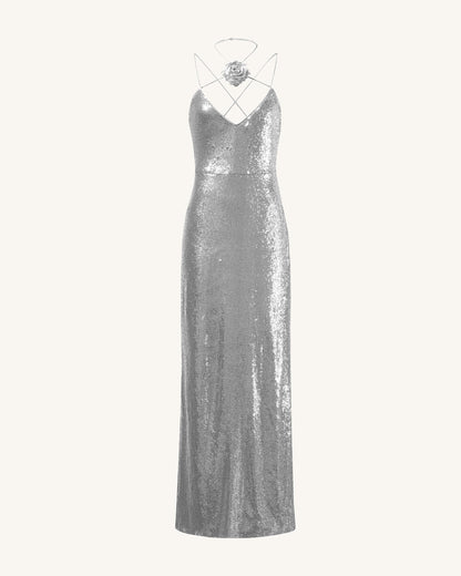 Heisey Silver Sequinned Rosette Maxi Dress - Silver | JW PEI