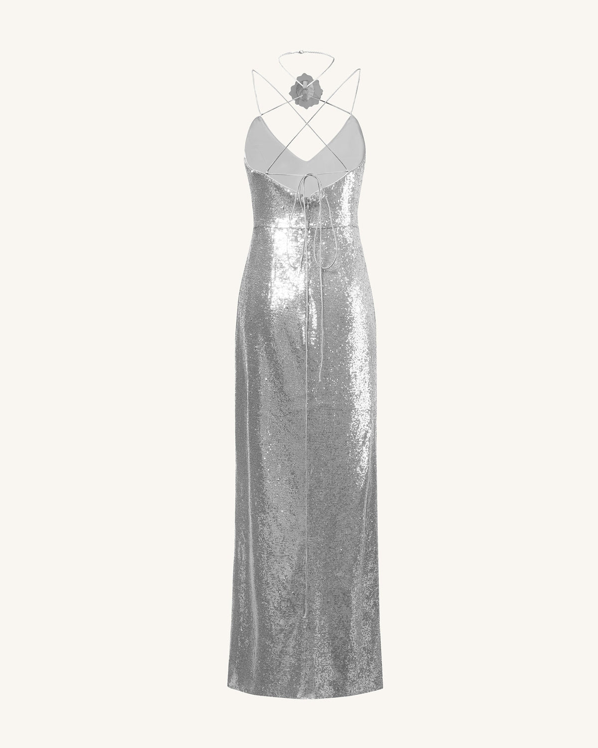 Heisey Silver Sequinned Rosette Maxi Dress - Silver | JW PEI