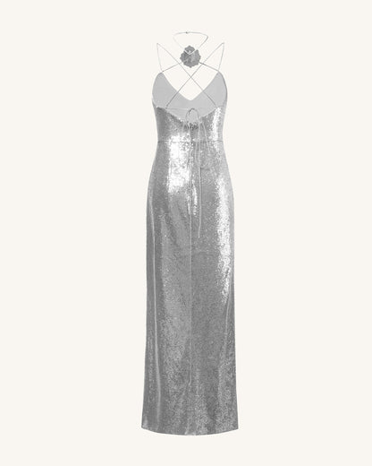 Heisey Silver Sequinned Rosette Maxi Dress - Silver | JW PEI