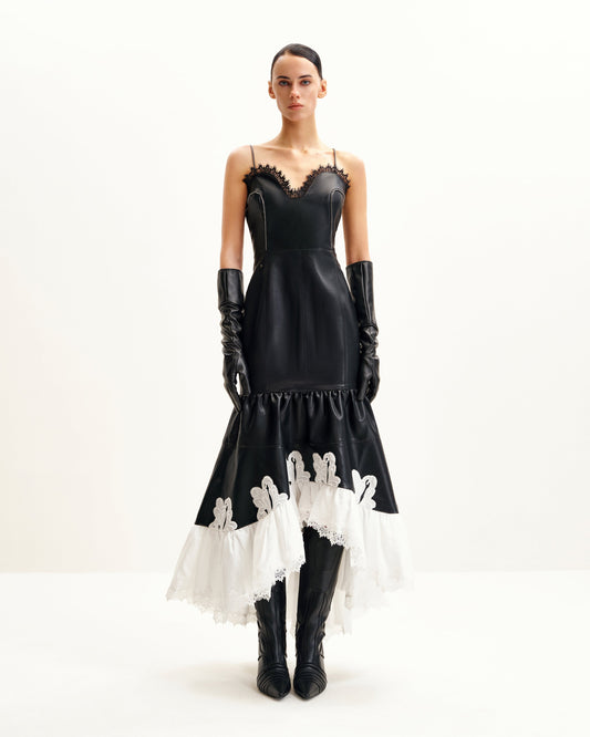 Zora Lace Trim Leather Dress - Black | JW PEI