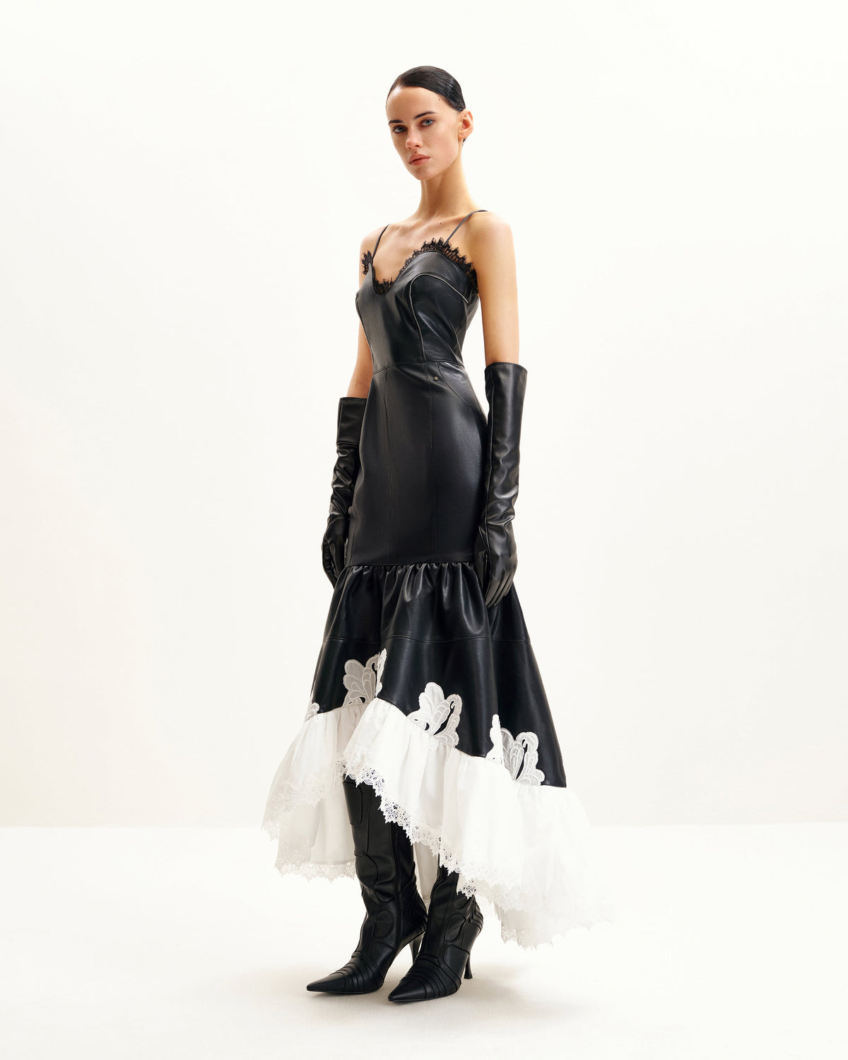 Zora Lace Trim Leather Dress - Black | JW PEI