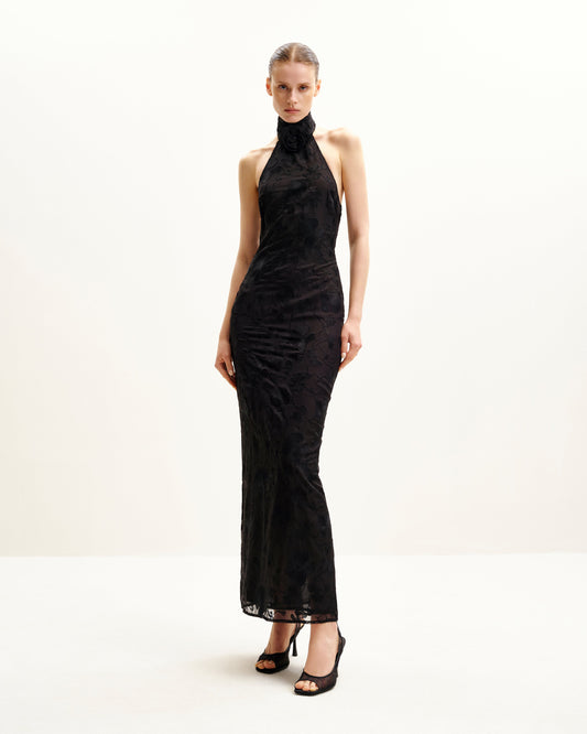 Uliana Black Floral Lace Halterneck Maxi Dress - Black | JW PEI