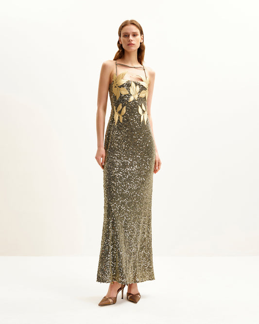 Araminta Sequined Gown with Floral Details - Gold | JW PEI