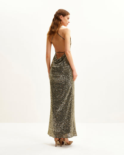 Araminta Sequined Gown with Floral Details - Gold | JW PEI