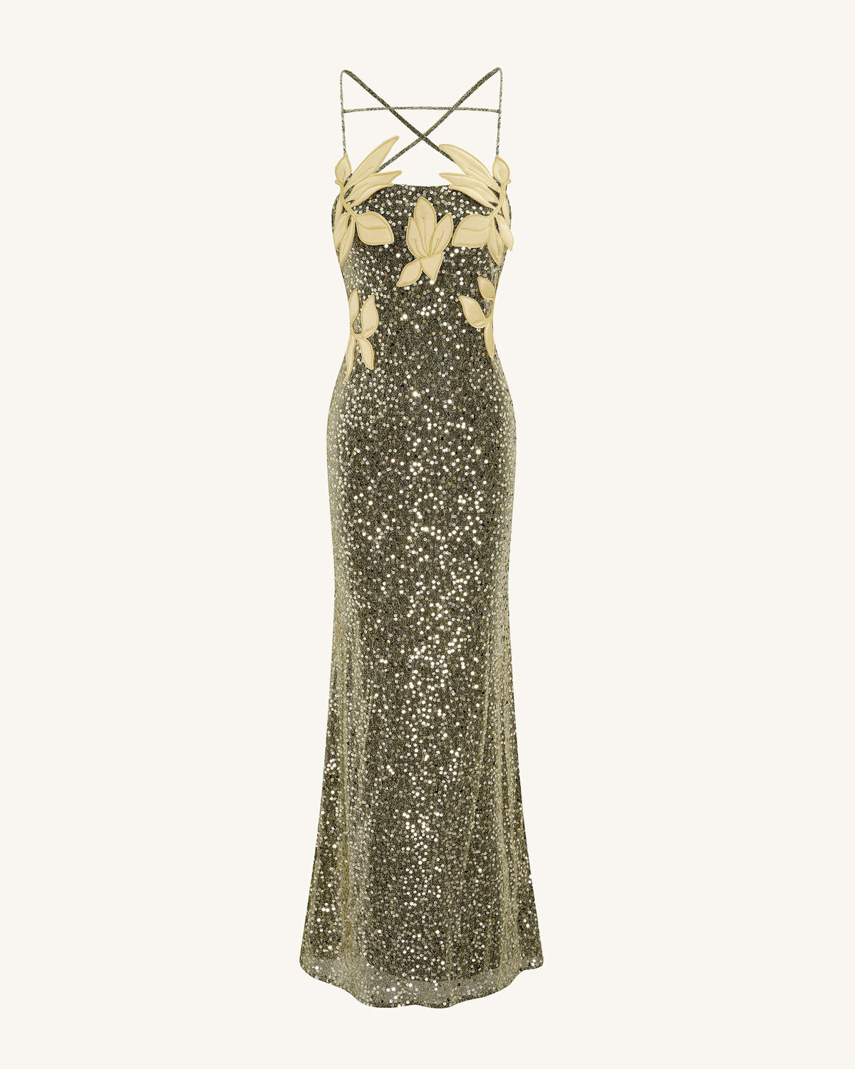 Araminta Sequined Gown with Floral Details - Gold | JW PEI