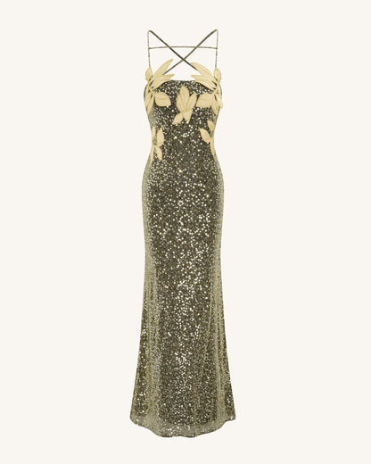 Araminta Sequined Gown with Floral Details - Gold | JW PEI