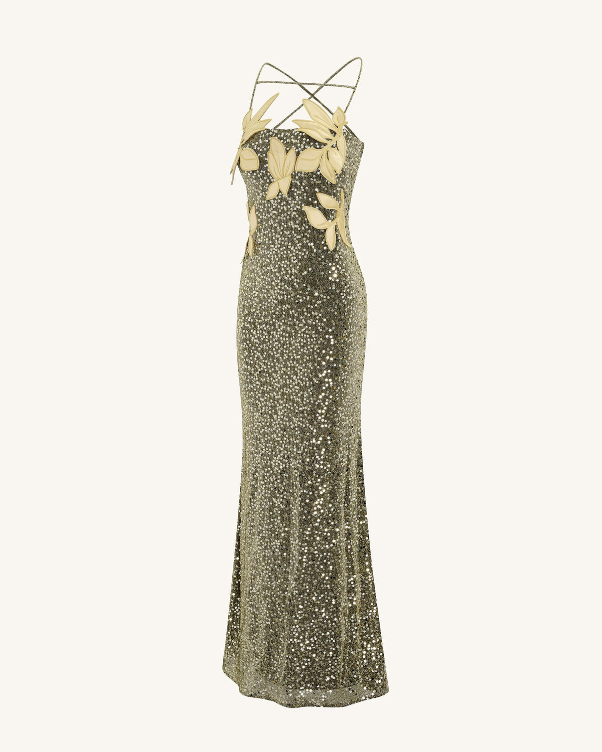 Araminta Sequined Gown with Floral Details - Gold | JW PEI