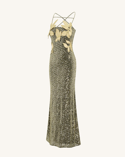 Araminta Sequined Gown with Floral Details - Gold | JW PEI