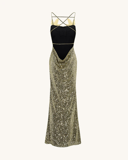 Araminta Sequined Gown with Floral Details - Gold | JW PEI