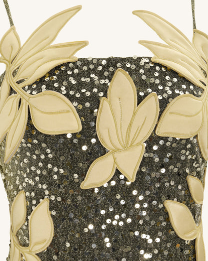 Araminta Sequined Gown with Floral Details - Gold | JW PEI