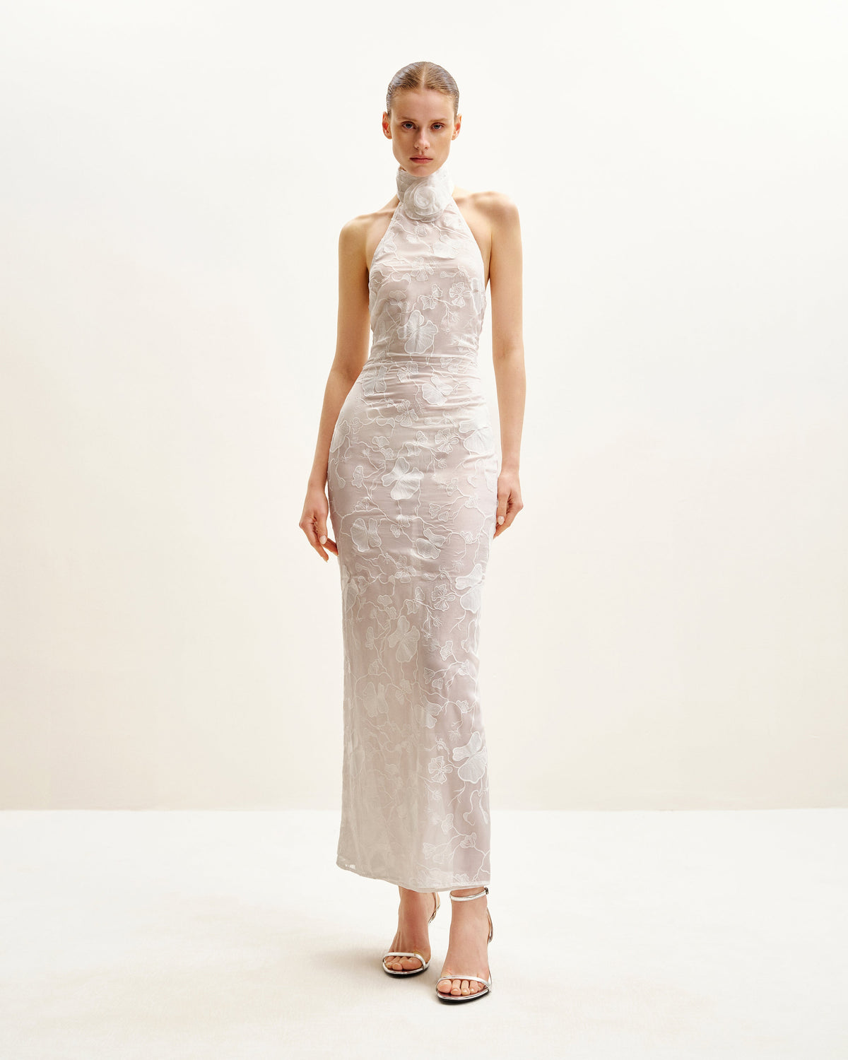 Uliana White Floral Lace Halterneck Maxi Dress - White | JW PEI