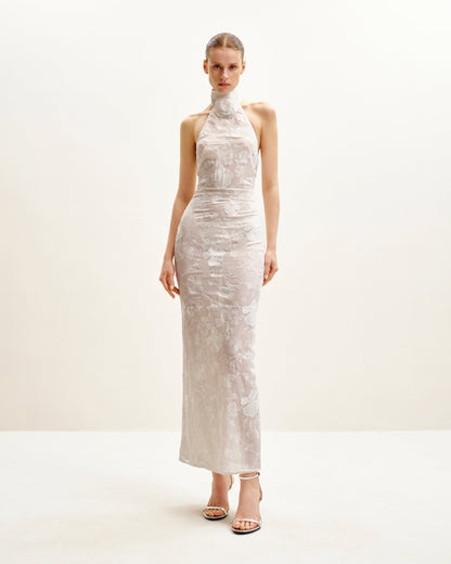 Uliana White Floral Lace Halterneck Maxi Dress - White | JW PEI