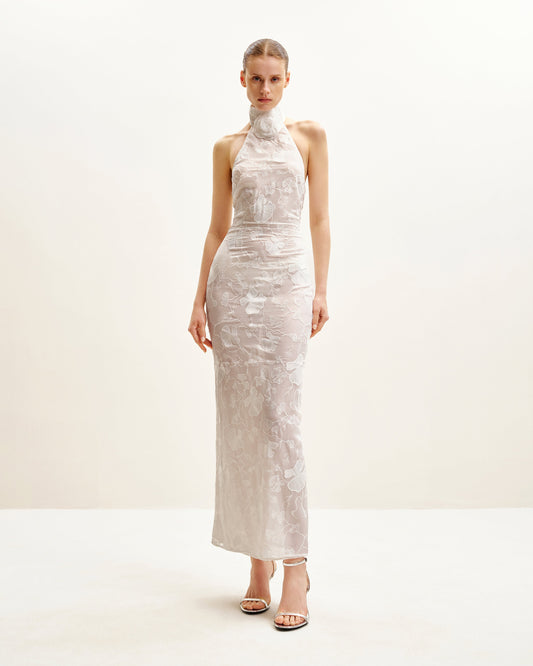 Uliana White Floral Lace Halterneck Maxi Dress - White | JW PEI