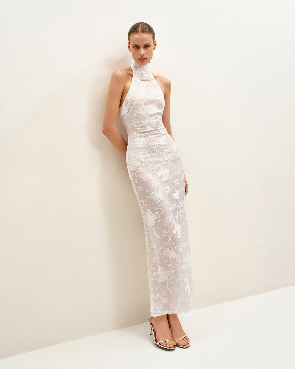 Uliana White Floral Lace Halterneck Maxi Dress - White | JW PEI