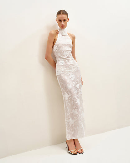 Uliana White Floral Lace Halterneck Maxi Dress - White | JW PEI