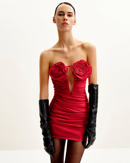 Bailee Red Floral Applique And Ruched Tube Mini Dress - Red | JW PEI