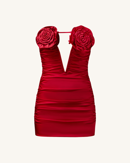 Bailee Red Floral Applique And Ruched Tube Mini Dress - Red | JW PEI