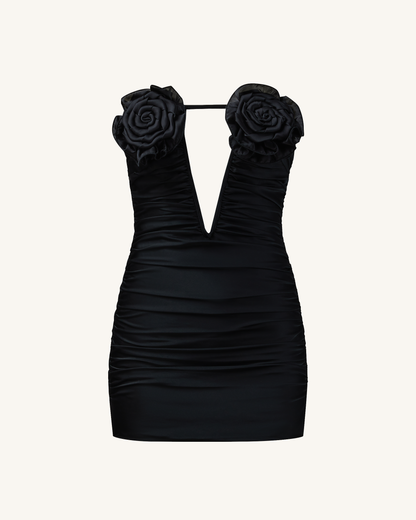 Bailee Black Floral Applique And Ruched Tube Mini Dress - Black | JW PEI