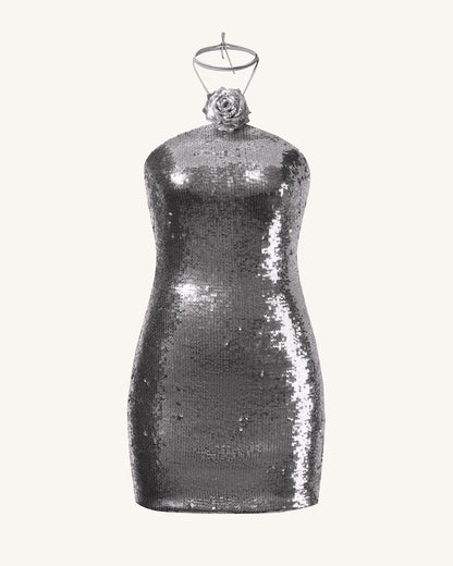 Burgundy Silver Sequinned Halter Mini Dress - Silver | JW PEI