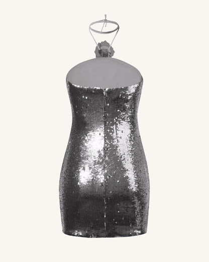 Burgundy Silver Sequinned Halter Mini Dress - Silver | JW PEI