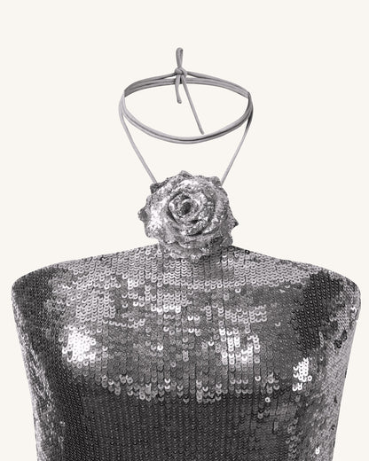 Burgundy Silver Sequinned Halter Mini Dress - Silver | JW PEI