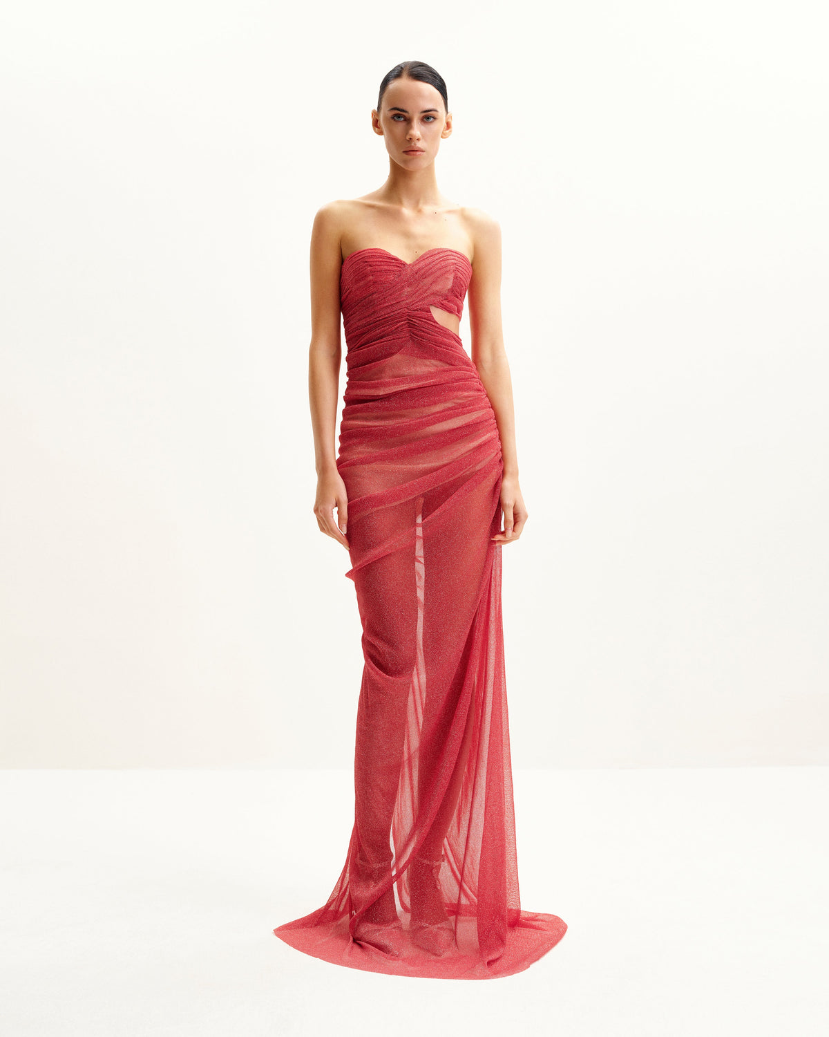 Mia Strapless Sheer Glitter Gown - Scarlet | JW PEI