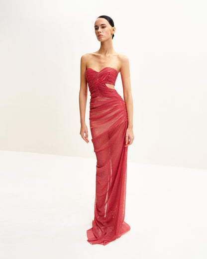Mia Strapless Sheer Glitter Gown - Scarlet | JW PEI