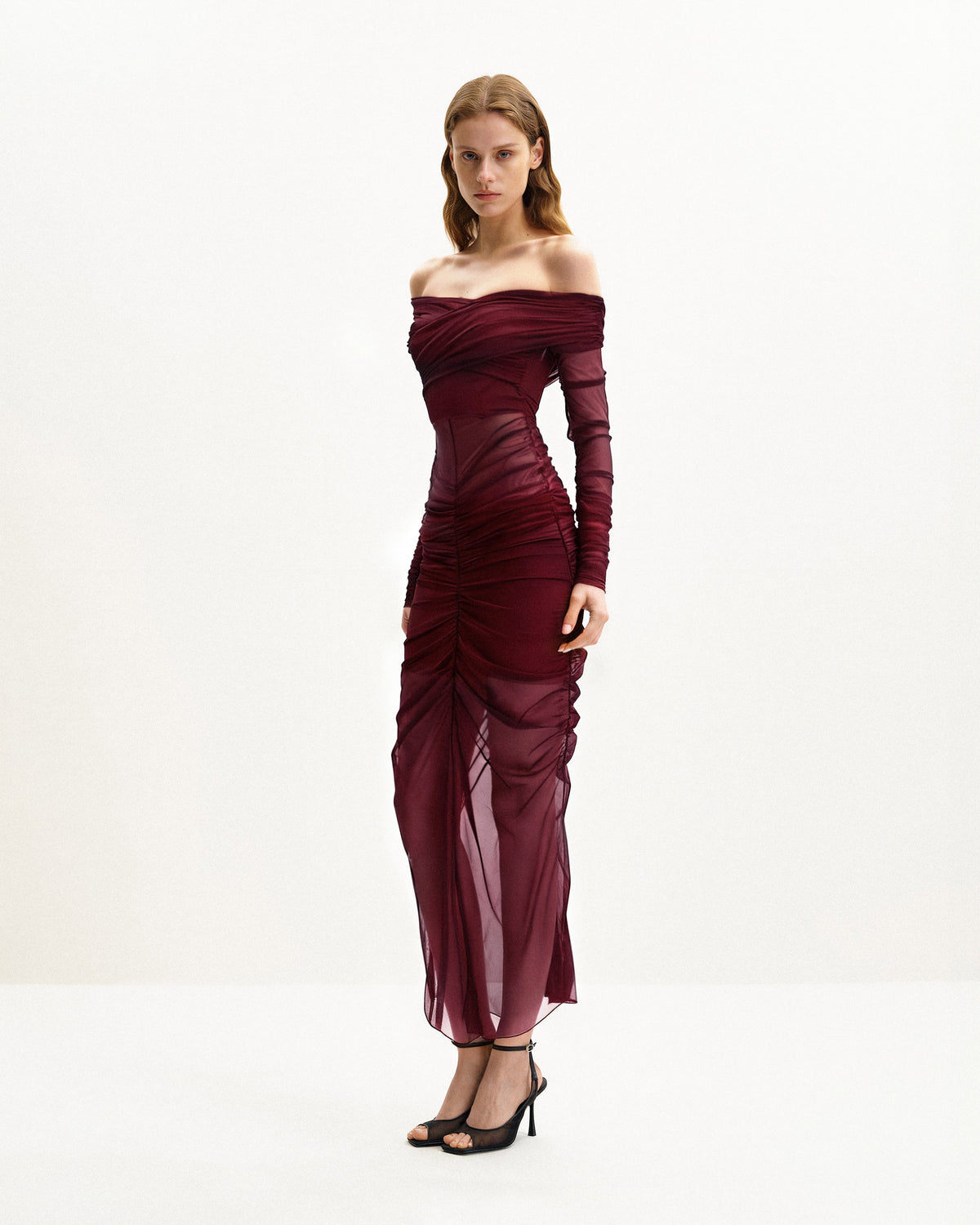 Emily Elegant Off-Shoulder Ruched Gown - Red | JW PEI