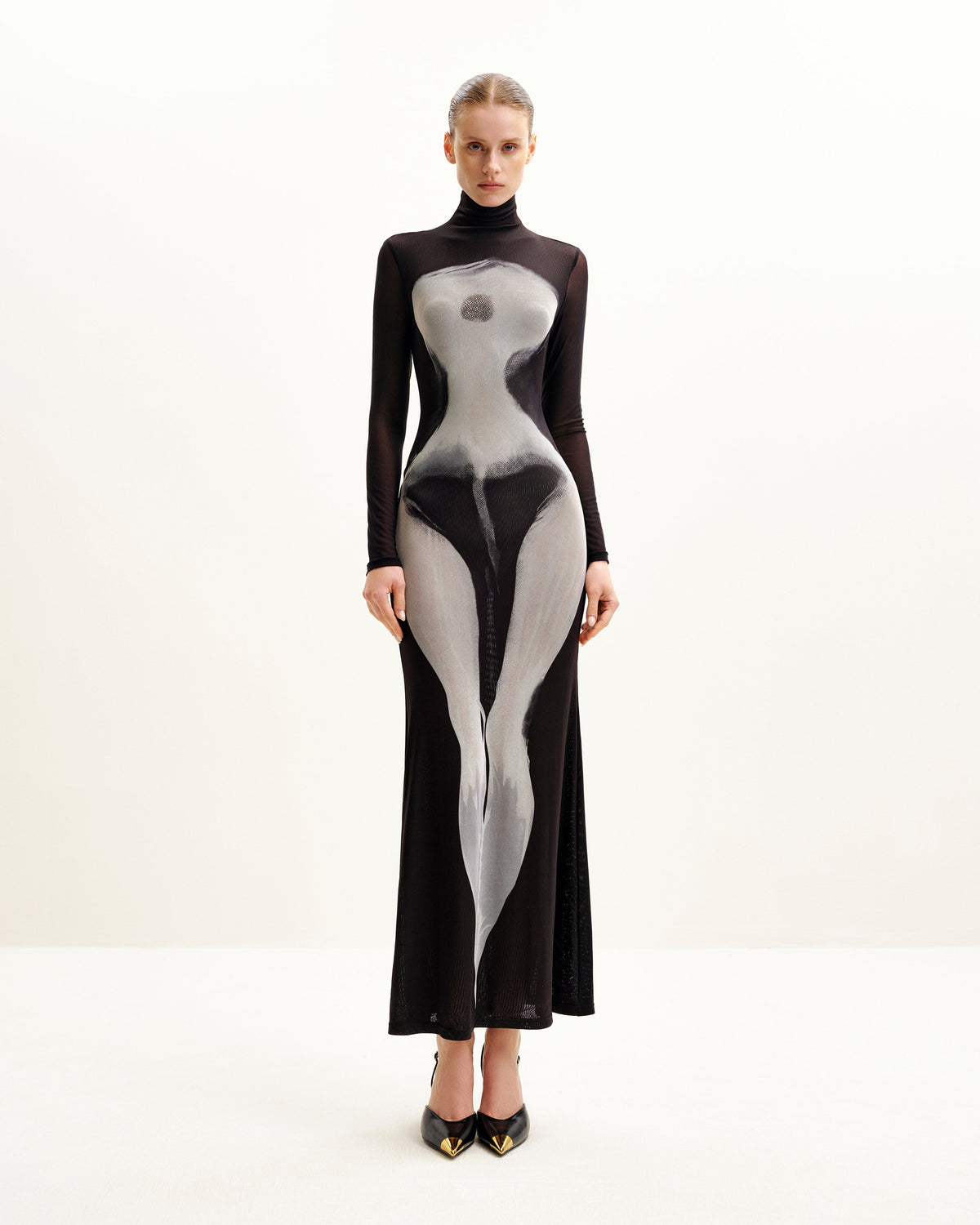 Eva Body Print Mesh Dress - Black and White | JW PEI