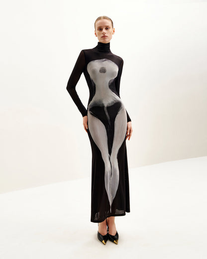 Eva Body Print Mesh Dress - Black and White | JW PEI