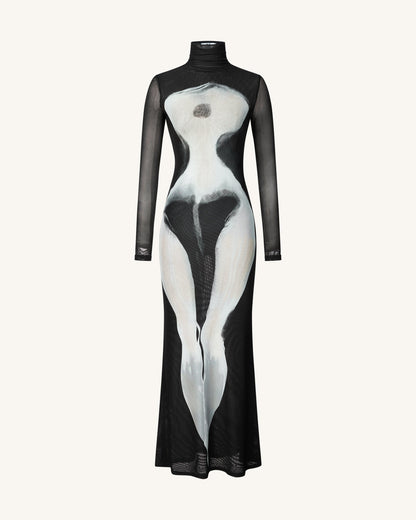 Eva Body Print Mesh Dress - Black and White | JW PEI