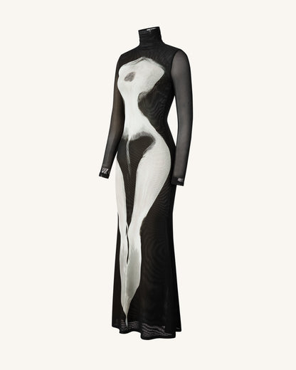 Eva Body Print Mesh Dress - Black and White | JW PEI