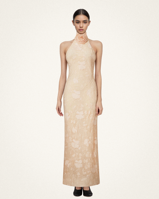 Uliana Pink Beige Floral Lace Halterneck Maxi Dress - Pink Beige | JW PEI