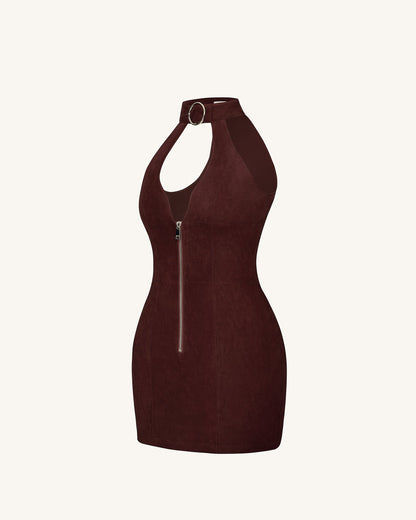 Ruby Halter Neck Zipper Mini Dress - Coffee Red | JW PEI