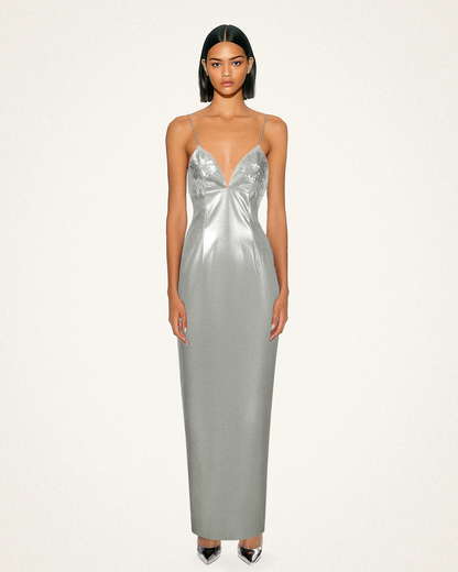 Ayliua Sweetheart-Neckline Rhinestones Embellished Silver Long Dress - | JW PEI