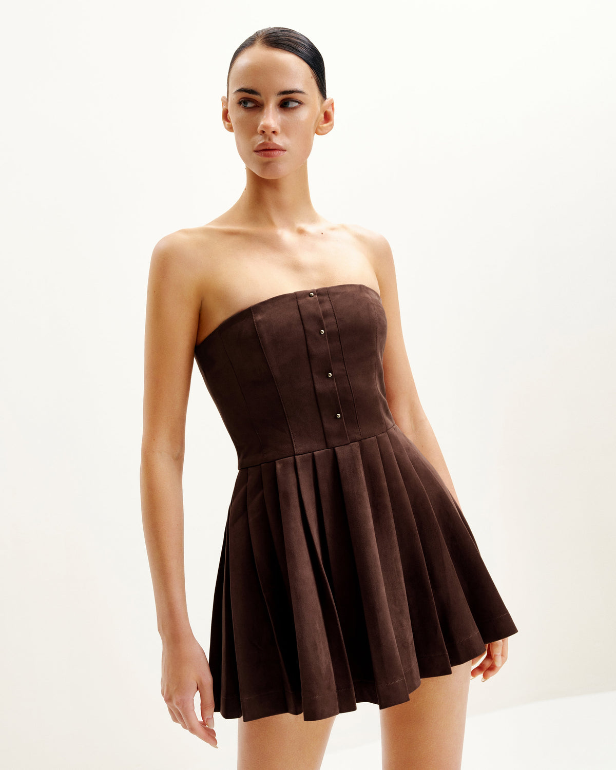Ellie Pleated Velvet Dress - Chocolate Brown | JW PEI