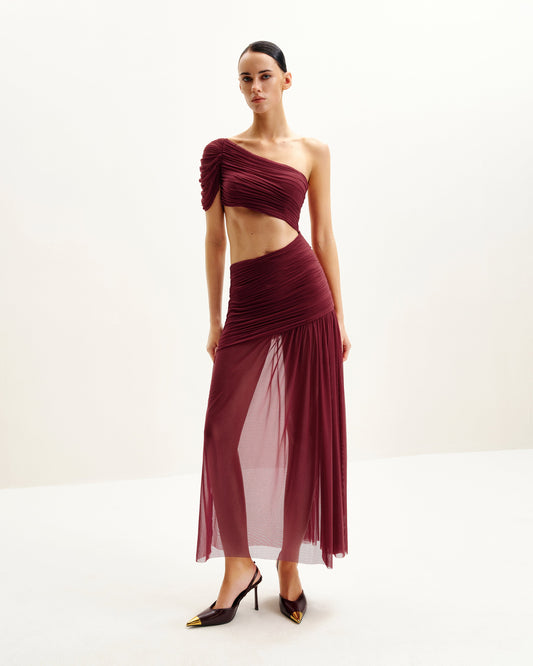 Mia Pleated Mesh Dress - Burgundy | JW PEI