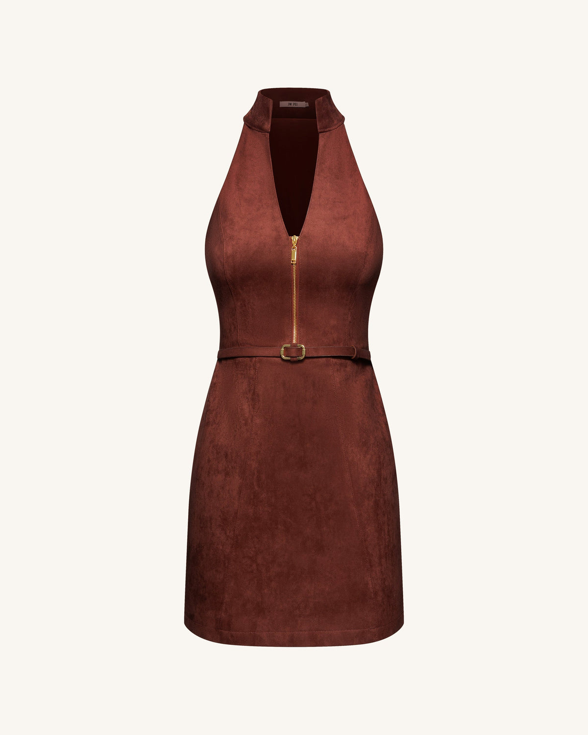 Faux Suede Halter Neck Zip-Front Mini Dress - Burgundy | JW PEI