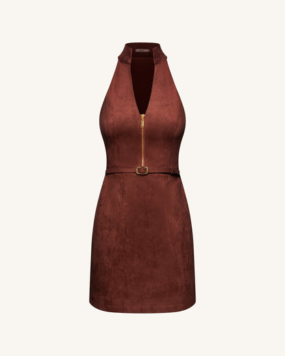 Faux Suede Halter Neck Zip-Front Mini Dress - Burgundy | JW PEI