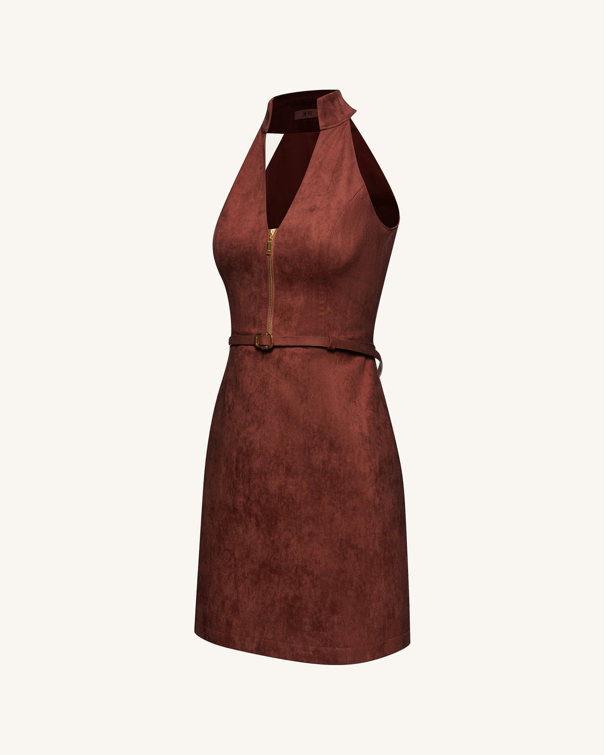 Faux Suede Halter Neck Zip-Front Mini Dress - Burgundy | JW PEI
