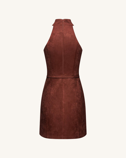 Faux Suede Halter Neck Zip-Front Mini Dress - Burgundy | JW PEI