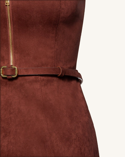 Faux Suede Halter Neck Zip-Front Mini Dress - Burgundy | JW PEI